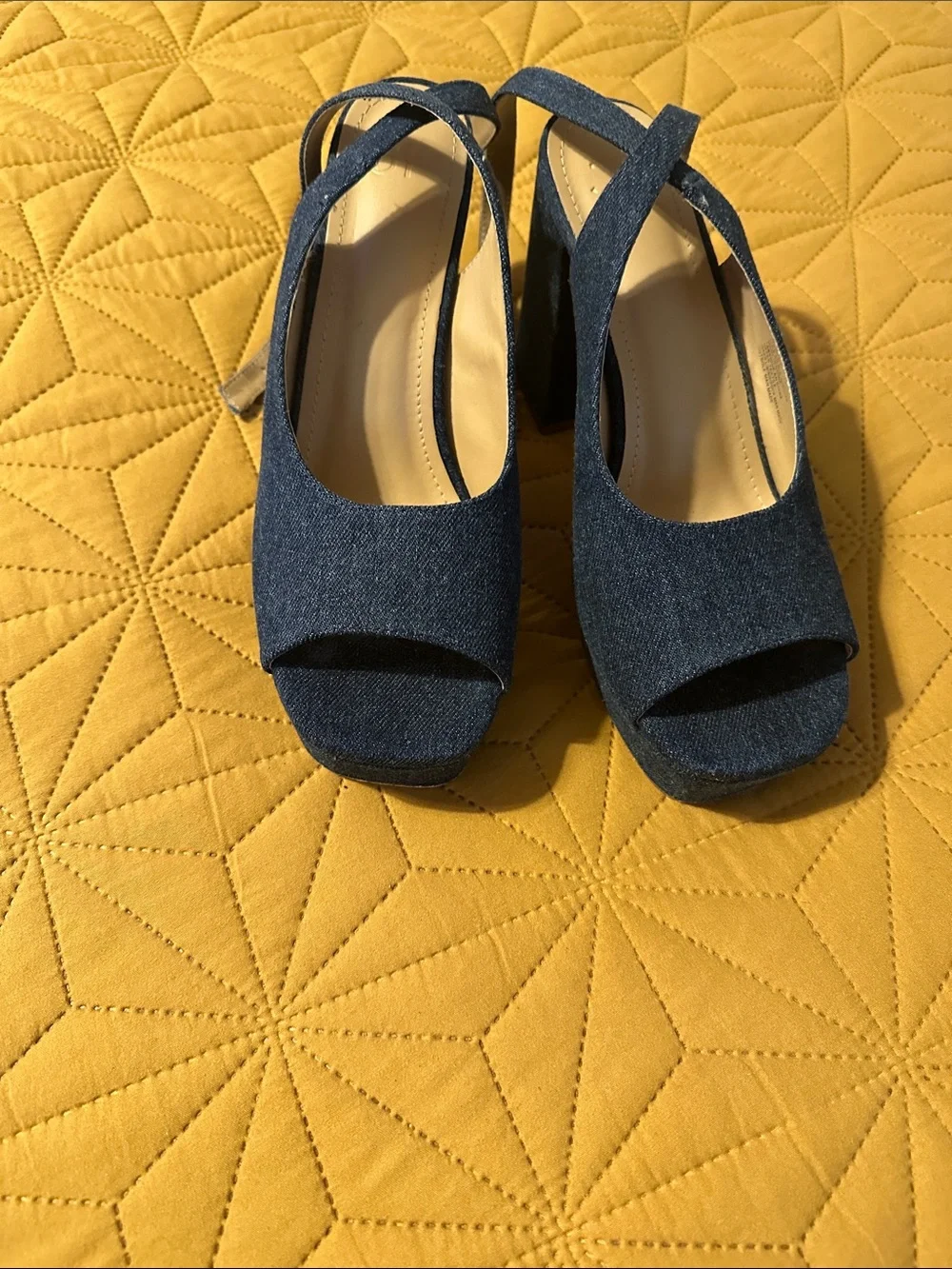 Denim Open-Toe Platform Slingback Heels - Dark Blue